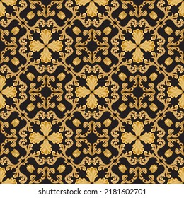 Vector Damask seamless pattern from golden Baroque scrolls on a black background. Scarf, bandana, neckerchief, kerchief silk print design, wallpaper, wrapping paper