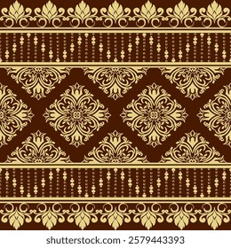 Vector Damask seamless Pattern with Golden Motifs on brown Background