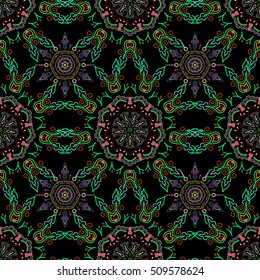 Vector damask seamless pattern in green colors. Classical luxury old fashioned damask ornament, royal victorian seamless texture for wallpapers, textile, wrapping. Exquisite floral baroque template.