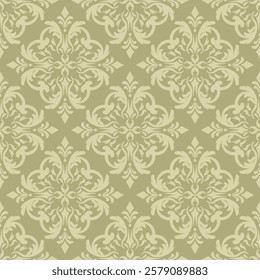 Vector Damask seamless Pattern with Light Green Motifs on Green Background. 