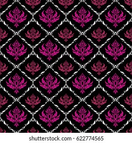 Vector damask seamless pattern in magenta, white and pink colors. Classical luxury old fashioned ornament, royal victorian seamless texture for fabric, textile, wrapping. Exquisite baroque template.