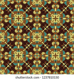 Vector damask seamless pattern with swirls and oriental ethnic arabic motifs. Abstract ornament in green yellow brown colors. Damask seamless pattern for wallpaper, fabric, tile, print, decor