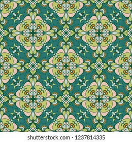 Vector damask seamless pattern with swirls and oriental ethnic arabic motifs. Abstract ornament in emeralt green tone. Damask seamless pattern for wallpaper, fabric, tile, print, wrapping paper, decor