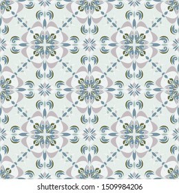 Vector damask seamless pattern with swirls and oriental ethnic arabic motifs. Abstract ornament in beige grey tones. Damask seamless pattern for wallpaper, fabric, tile, print, wrapping paper, decor