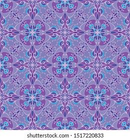 Vector damask seamless pattern with swirls and oriental ethnic arabic motifs. Abstract ornament in blue purple tones. Damask seamless pattern for wallpaper, fabric, tile, print, wrapping paper, decor