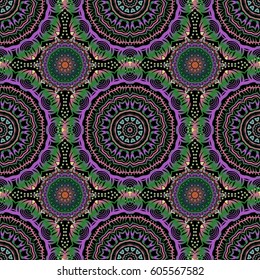 Vector damask seamless pattern in violet and green colors. Classical luxury old fashioned damask ornament for wallpapers, textile, fabric, wrapping. Exquisite baroque template.