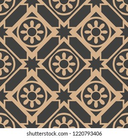 Vector damask seamless retro pattern background check round cross frame line flower. Elegant luxury brown tone design for wallpapers, backdrops and page fill.