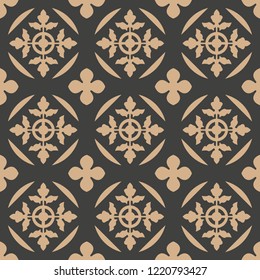 Vector damask seamless retro pattern background round curve cross plant leaf flower. Elegant luxury brown tone design for wallpapers, backdrops and page fill.