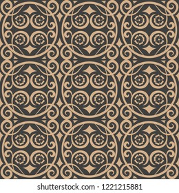 Vector damask seamless retro pattern background spiral curve cross frame vine flower. Elegant luxury brown tone design for wallpapers, backdrops and page fill.