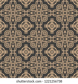 Vector damask seamless retro pattern background round curve cross frame botanic garden flower. Elegant luxury brown tone design for wallpapers, backdrops and page fill.
