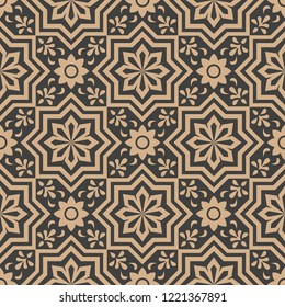 Vector damask seamless retro pattern background polygon star cross frame leaf vine flower. Elegant luxury brown tone design for wallpapers, backdrops and page fill.