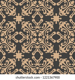 Vector damask seamless retro pattern background spiral curve cross plant vine flower kaleidoscope. Elegant luxury brown tone design for wallpapers, backdrops and page fill.