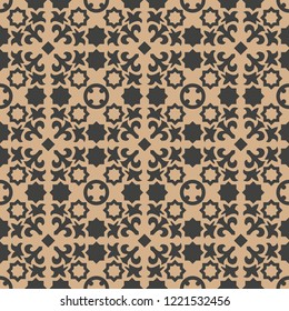 Vector damask seamless retro pattern background star spiral curve cross flower kaleidoscope. Elegant luxury brown tone design for wallpapers, backdrops and page fill.