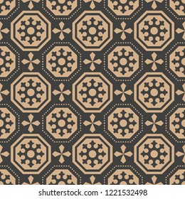 Vector damask seamless retro pattern background polygon geometry cross dot frame line flower. Elegant luxury brown tone design for wallpapers, backdrops and page fill.