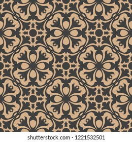 Vector damask seamless retro pattern background round curve cross plant vine flower. Elegant luxury brown tone design for wallpapers, backdrops and page fill.