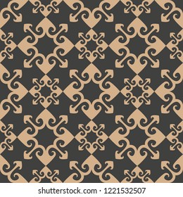 Vector damask seamless retro pattern background curve arrow geometry cross kaleidoscope. Elegant luxury brown tone design for wallpapers, backdrops and page fill.