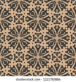 Vector damask seamless retro pattern background round curve cross plant leaf vine flower kaleidoscope. Elegant luxury brown tone design for wallpapers, backdrops and page fill.