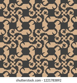 Vector damask seamless retro pattern background spiral vortex cross botanic garden leaf vine frame flower. Elegant luxury brown tone design for wallpapers, backdrops and page fill.