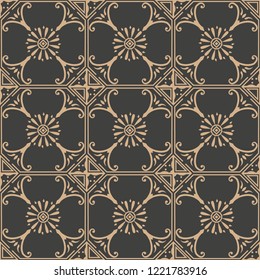 Vector damask seamless retro pattern background curve check cross frame line flower. Elegant luxury brown tone design for wallpapers, backdrops and page fill.