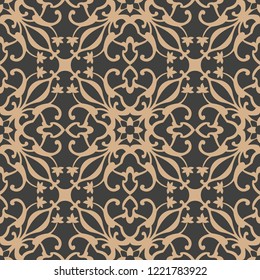 Vector damask seamless retro pattern background spiral curve cross plant vine leaf frame flower kaleidoscope. Elegant luxury brown tone design for wallpapers, backdrops and page fill.