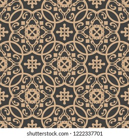 Vector damask seamless retro pattern background spiral curve cross plant vine frame leaf flower. Elegant luxury brown tone design for wallpapers, backdrops and page fill.