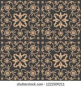 Vector damask seamless retro pattern background botanic garden spiral curve cross plant vine leaf flower. Elegant luxury brown tone design for wallpapers, backdrops and page fill.