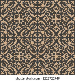 Vector damask seamless retro pattern background spiral curve cross leaf vine flower kaleidoscope. Elegant luxury brown tone design for wallpapers, backdrops and page fill.
