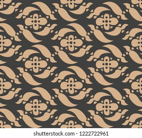 Vector damask seamless retro pattern background spiral curve cross flower kaleidoscope. Elegant luxury brown tone design for wallpapers, backdrops and page fill.