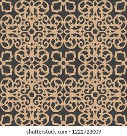 Vector damask seamless retro pattern background spiral curve cross flower frame vine. Elegant luxury brown tone design for wallpapers, backdrops and page fill.