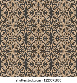 Vector damask seamless retro pattern background botanic garden curve cross leaf vine flower. Elegant luxury brown tone design for wallpapers, backdrops and page fill.