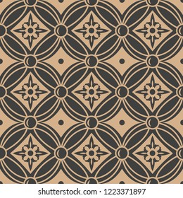Vector damask seamless retro pattern background round curve cross frame flower. Elegant luxury brown tone design for wallpapers, backdrops and page fill.