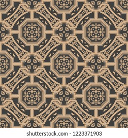 Vector damask seamless retro pattern background polygon cross frame chain leaf flower. Elegant luxury brown tone design for wallpapers, backdrops and page fill.