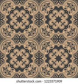 Vector damask seamless retro pattern background round curve cross frame leaf flower. Elegant luxury brown tone design for wallpapers, backdrops and page fill.