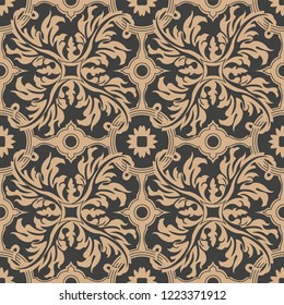 Vector damask seamless retro pattern background spiral curve cross feather leaf flower. Elegant luxury brown tone design for wallpapers, backdrops and page fill.