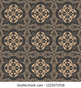 Vector damask seamless retro pattern background curve cross leaf flower frame kaleidoscope. Elegant luxury brown tone design for wallpapers, backdrops and page fill.