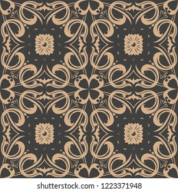 Vector damask seamless retro pattern background spiral curve cross plant vine frame flower. Elegant luxury brown tone design for wallpapers, backdrops and page fill.