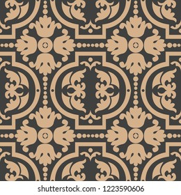 Vector damask seamless retro pattern background round curve cross leaf flower frame dot line. Elegant luxury brown tone design for wallpapers, backdrops and page fill.