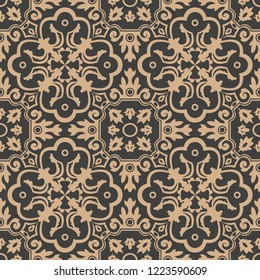 Vector damask seamless retro pattern background spiral curve cross leaf vine frame flower. Elegant luxury brown tone design for wallpapers, backdrops and page fill.