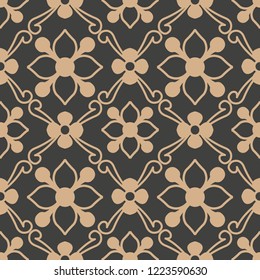 Vector damask seamless retro pattern background spiral curve cross leaf frame vine flower. Elegant luxury brown tone design for wallpapers, backdrops and page fill.