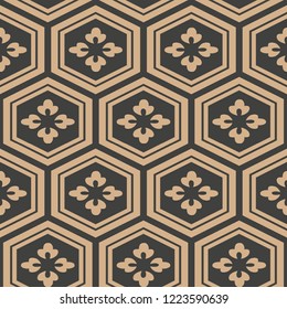 Vector damask seamless retro pattern background oriental polygon cross frame flower. Elegant luxury brown tone design for wallpapers, backdrops and page fill.