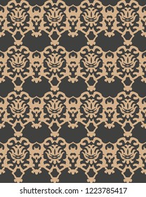 Vector damask seamless retro pattern background spiral curve cross crest frame chain. Elegant luxury brown tone design for wallpapers, backdrops and page fill.