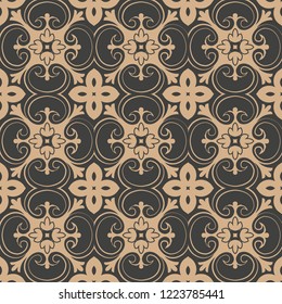 Vector damask seamless retro pattern background spiral curve cross botanic garden leaf vine flower kaleidoscope. Elegant luxury brown tone design for wallpapers, backdrops and page fill.