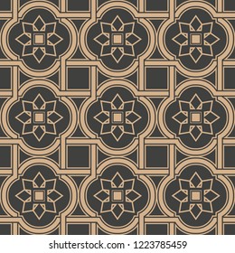 Vector damask seamless retro pattern background curve cross square frame line flower. Elegant luxury brown tone design for wallpapers, backdrops and page fill.