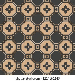 Vector damask seamless retro pattern background oriental polygon square cross frame flower chain. Elegant luxury brown tone design for wallpapers, backdrops and page fill.