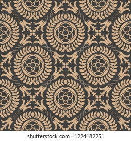 Vector damask seamless retro pattern background botanic garden round cross leaf wreath frame flower. Elegant luxury brown tone design for wallpapers, backdrops and page fill.