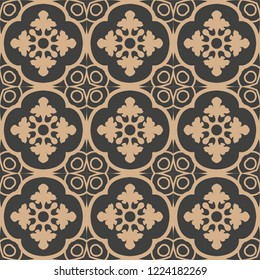 Vector damask seamless retro pattern background spiral curve cross frame line flower. Elegant luxury brown tone design for wallpapers, backdrops and page fill.