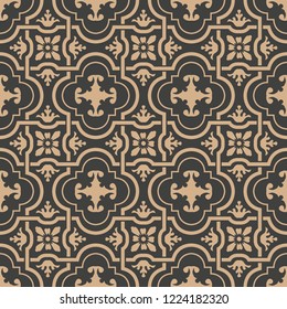 Vector damask seamless retro pattern background curve spiral cross frame chain flower. Elegant luxury brown tone design for wallpapers, backdrops and page fill.