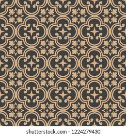 Vector damask seamless retro pattern background spiral curve cross vine frame flower. Elegant luxury brown tone design for wallpapers, backdrops and page fill.