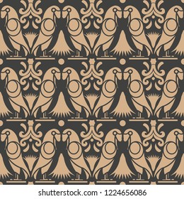 Vector damask seamless retro pattern background bird parrot botanic garden leaf flower. Elegant luxury brown tone design for wallpapers, backdrops and page fill.