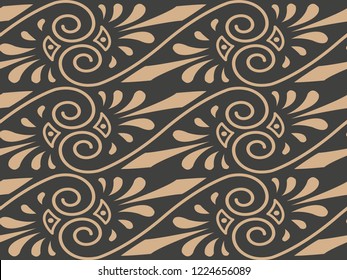 Vector damask seamless retro pattern background spiral vortex cross aboriginal frame vine leaf. Elegant luxury brown tone design for wallpapers, backdrops and page fill.